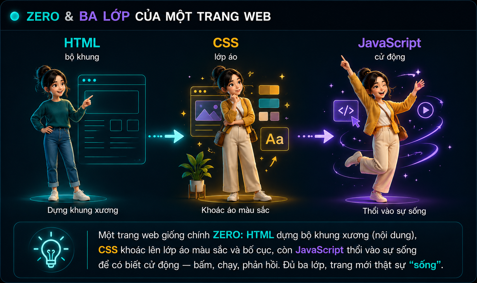 ZERO & ba lớp của một trang web: HTML dựng khung xương, CSS khoác áo màu sắc, JavaScript thổi vào sự sống