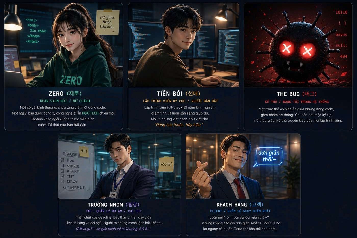 Hồ sơ nhân vật: ZERO, Tiền bối, The Bug, Trưởng nhóm, Khách hàng