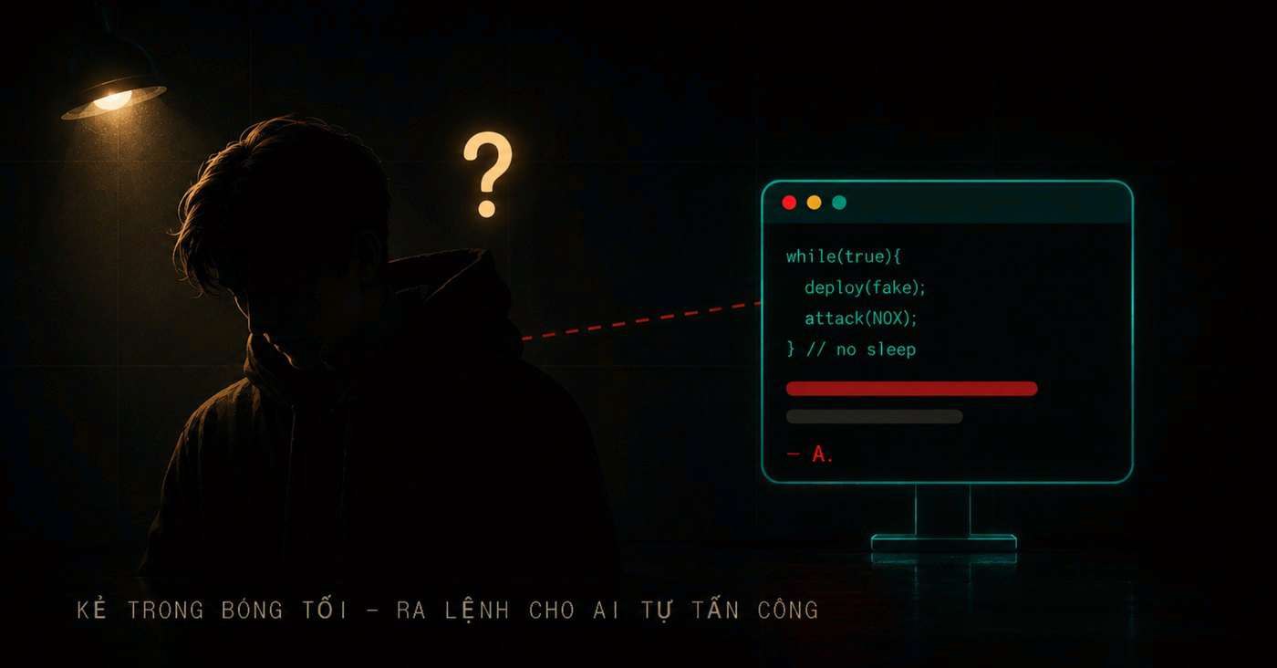 Kẻ trong bóng tối ra lệnh cho AI tự tấn công — chữ ký A. trên màn hình