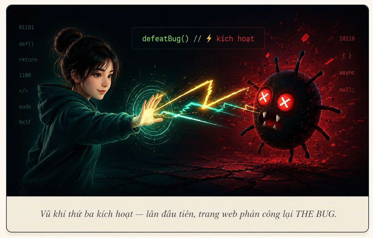 ZERO kích hoạt defeatBug() — lần đầu tiên trang web phản công lại THE BUG
