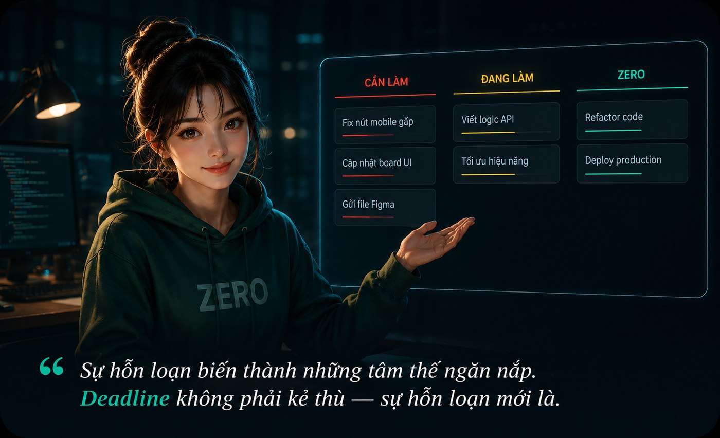 Sự hỗn loạn biến thành những tấm thẻ ngăn nắp trên bảng Kanban — Cần làm / Đang làm / ZERO