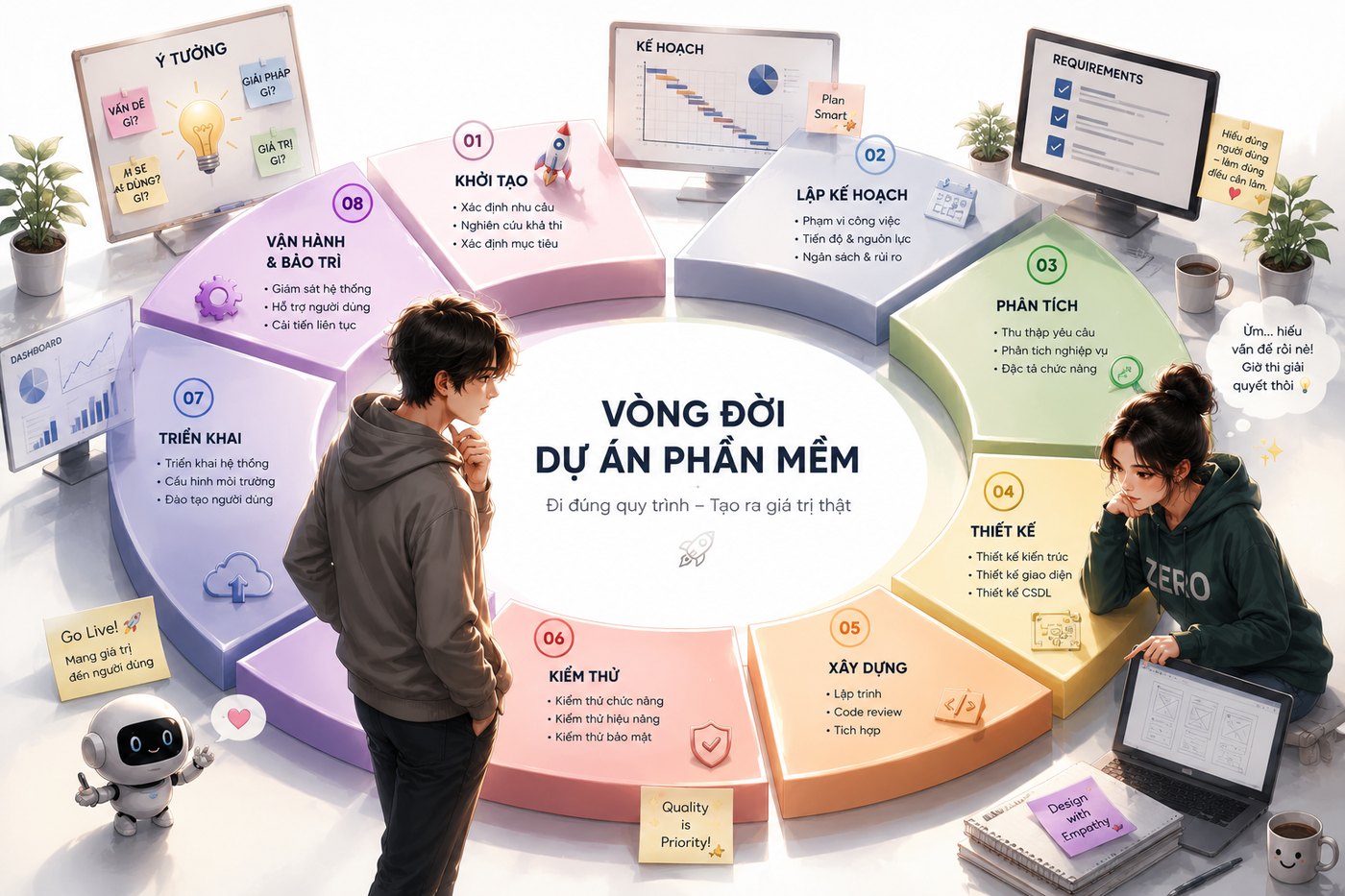 Vòng đời dự án phần mềm — 8 giai đoạn: khởi tạo, lập kế hoạch, phân tích, thiết kế, xây dựng, kiểm thử, triển khai, vận hành & bảo trì