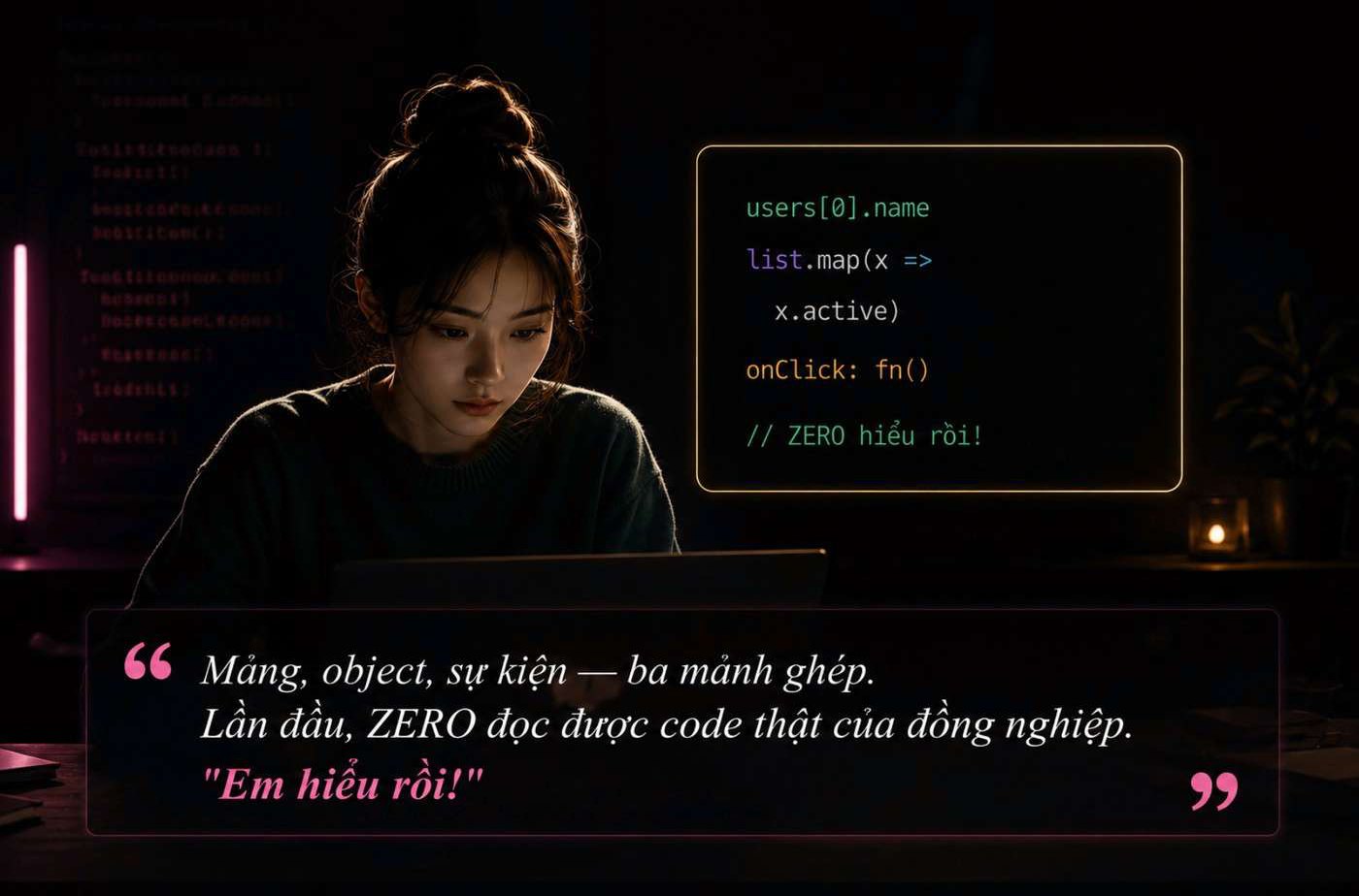 Mảng, object, sự kiện — ba mảnh ghép. Lần đầu ZERO đọc được code thật của đồng nghiệp: 'Em hiểu rồi!'